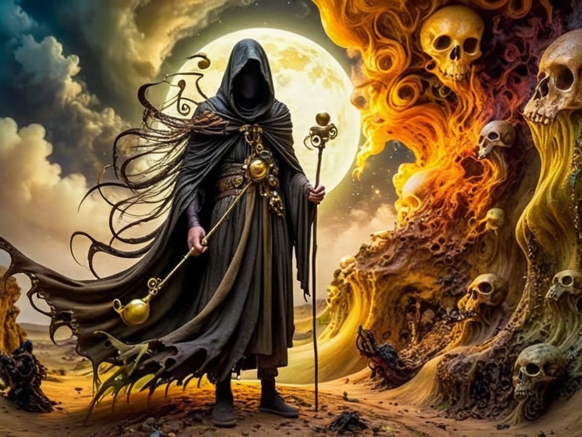 Cloaked Figure in Flames with Mystical Staff and Skulls