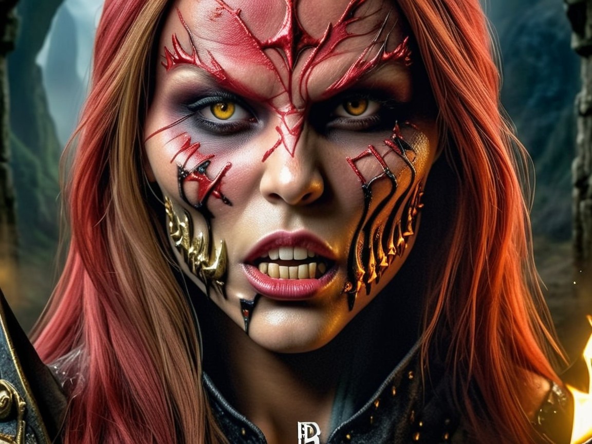 Fantasy Character with Red Hair and Intricate Face Paint