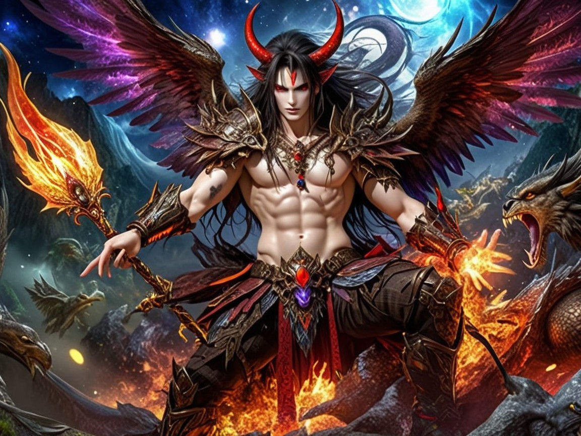 Dark Warrior in Fiery Landscape with Dragons and Sword