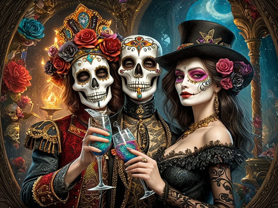 Elegantly Dressed Figures Celebrating Day of the Dead