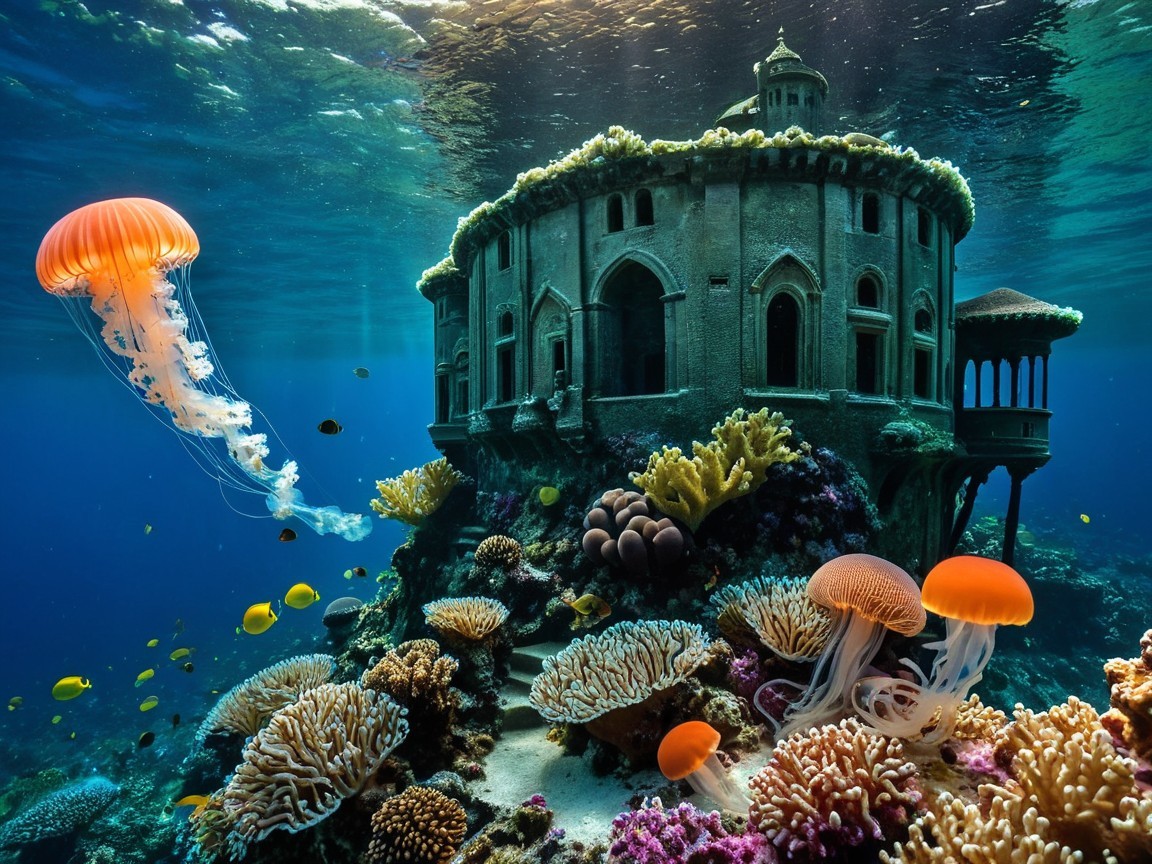 Ancient Underwater Structure with Coral and Jellyfish
