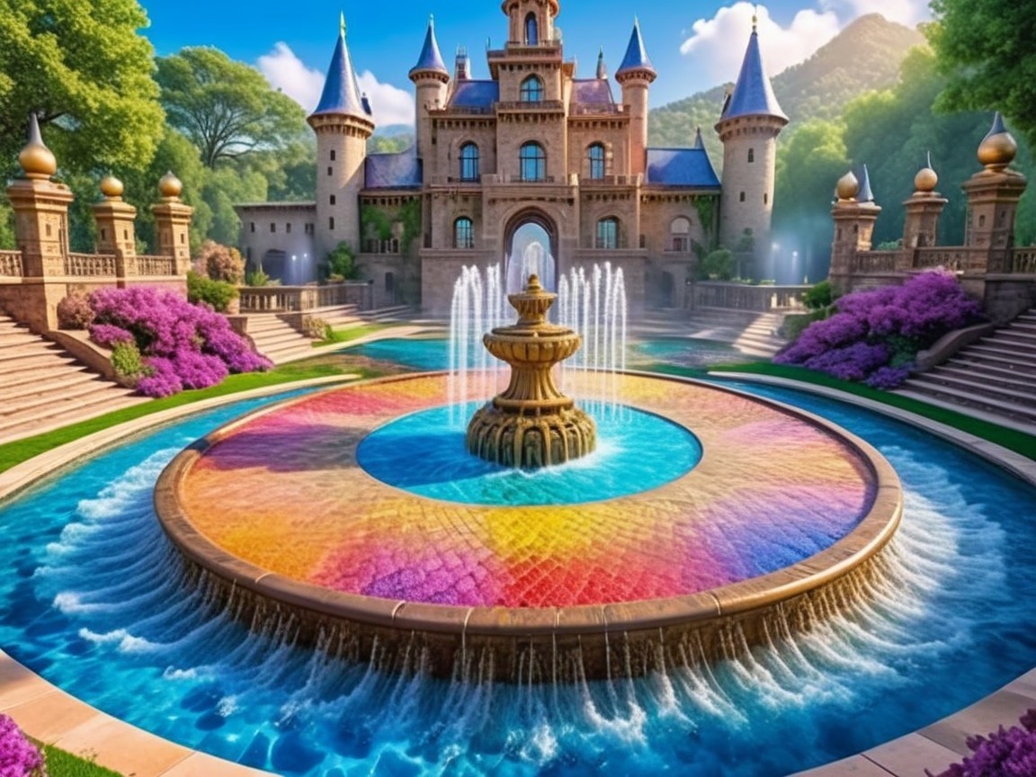 Majestic castle with fountain and blooming flowers