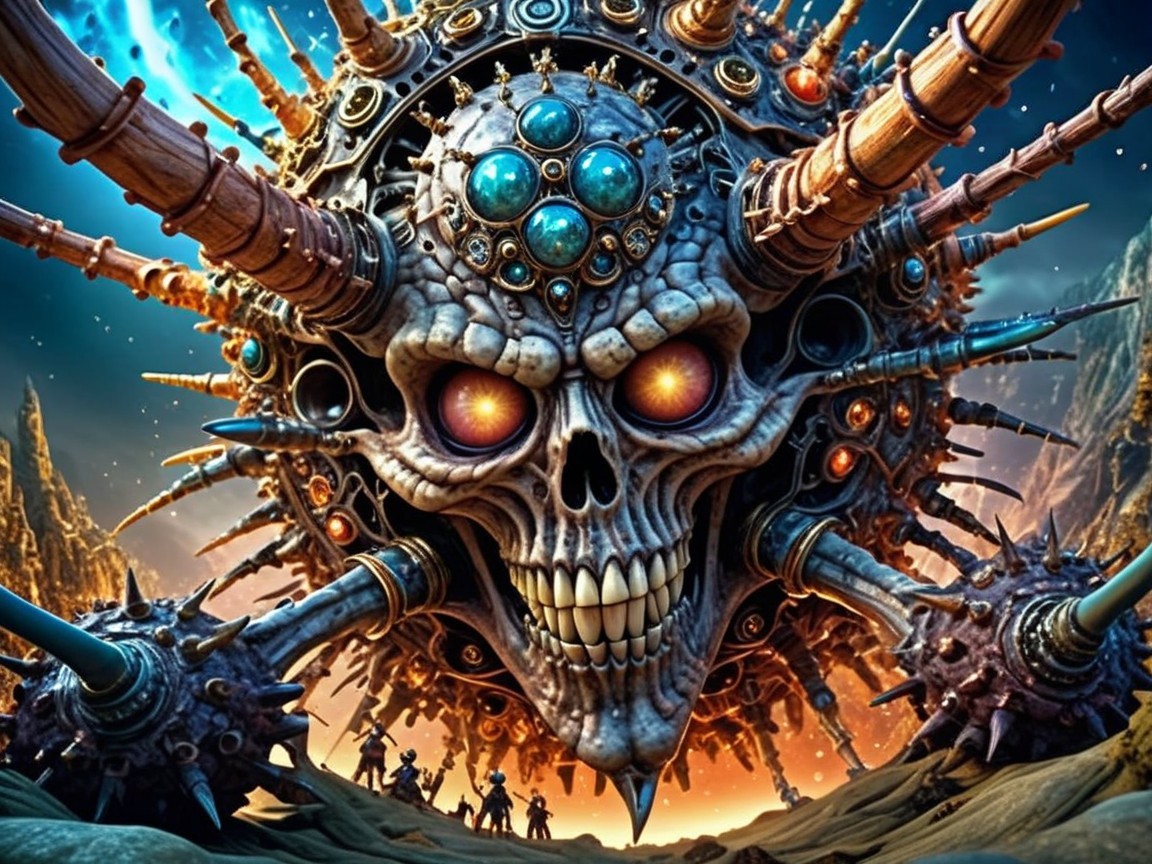 Colossal Skull with Metallic Decorations in Surreal Landscape