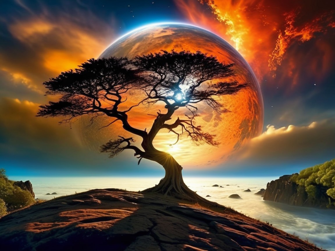 Solitary Tree on Rocky Outcrop with Cosmic Backdrop