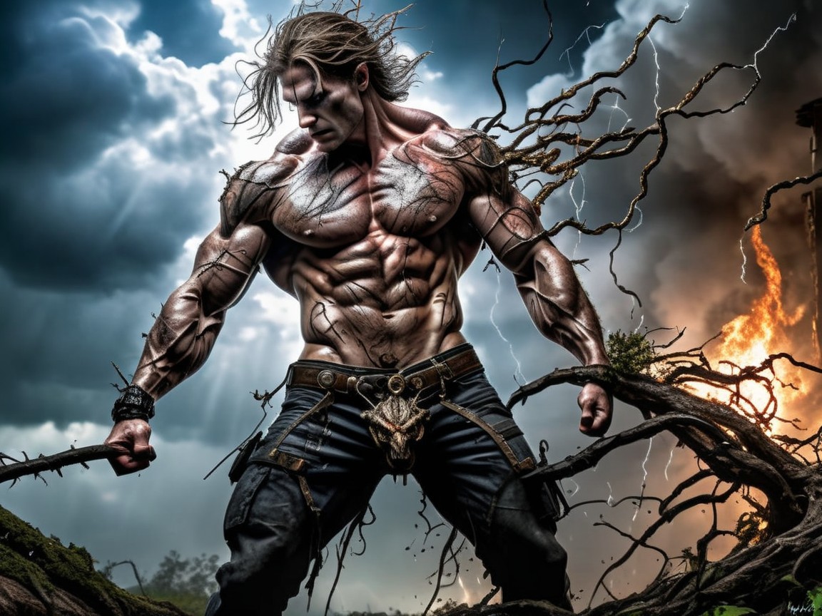 Muscular Figure Against Dramatic Lightning Background