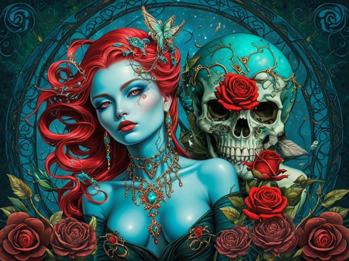 Vibrant Woman with Red Hair and Turquoise Skull Art