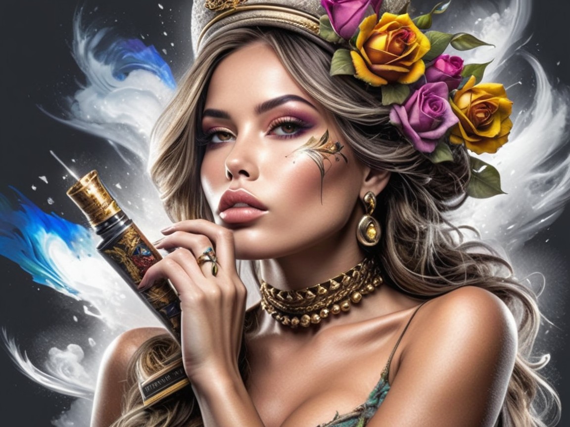 Woman with Floral Adornments and Regal Attire