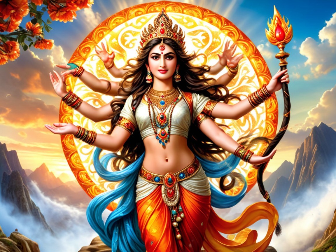 Divine figure with multiple arms in vibrant attire