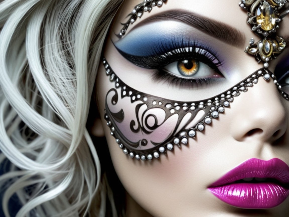 Close-up of a woman's face with dramatic makeup elements