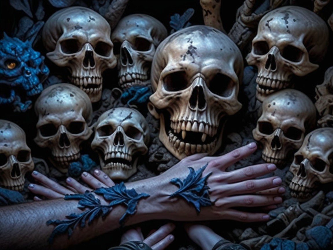 Collection of Skulls with Twisted Branches and Tattoos
