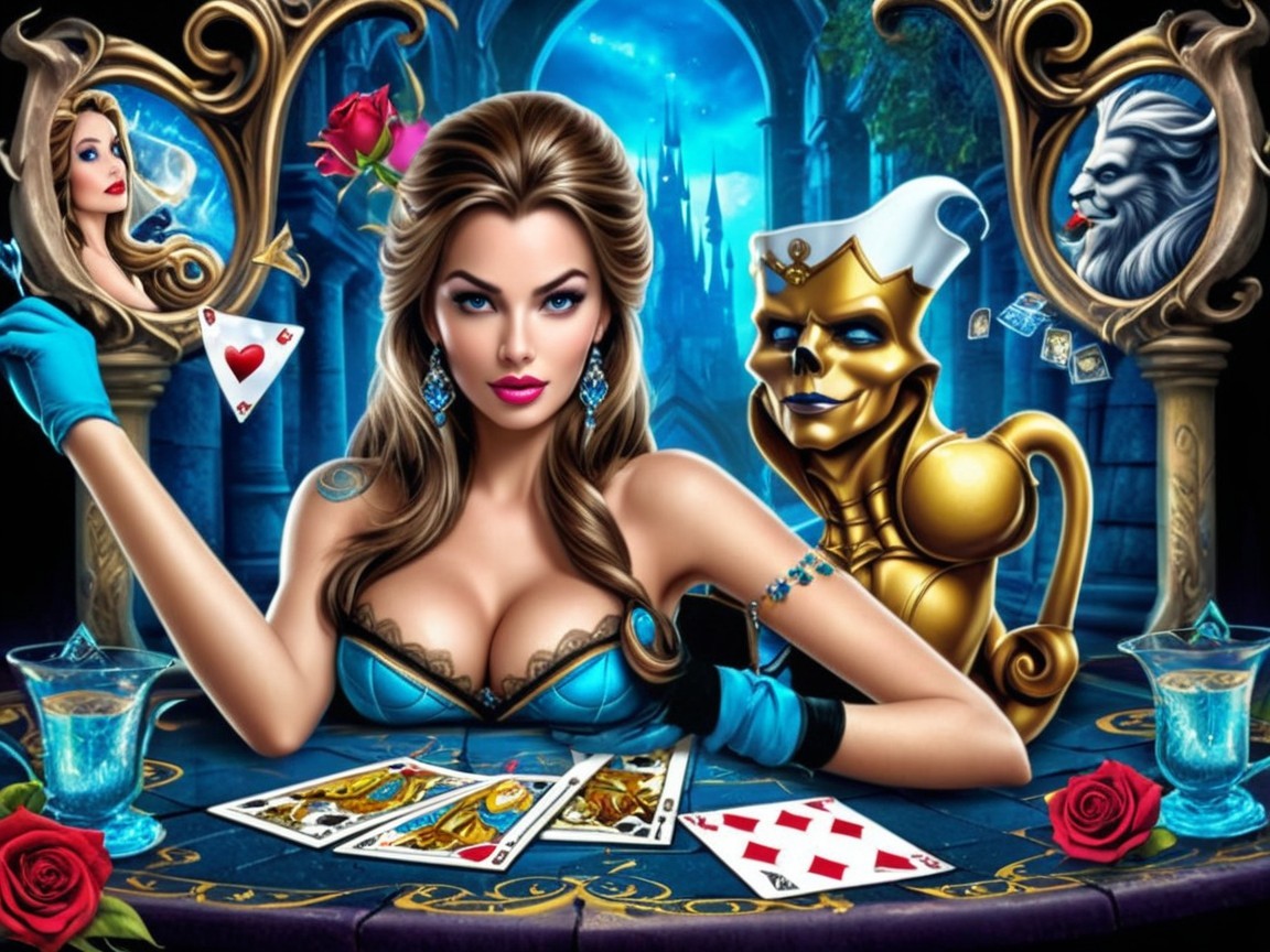 Elegant Woman at Lavish Poker Table with Castle Background