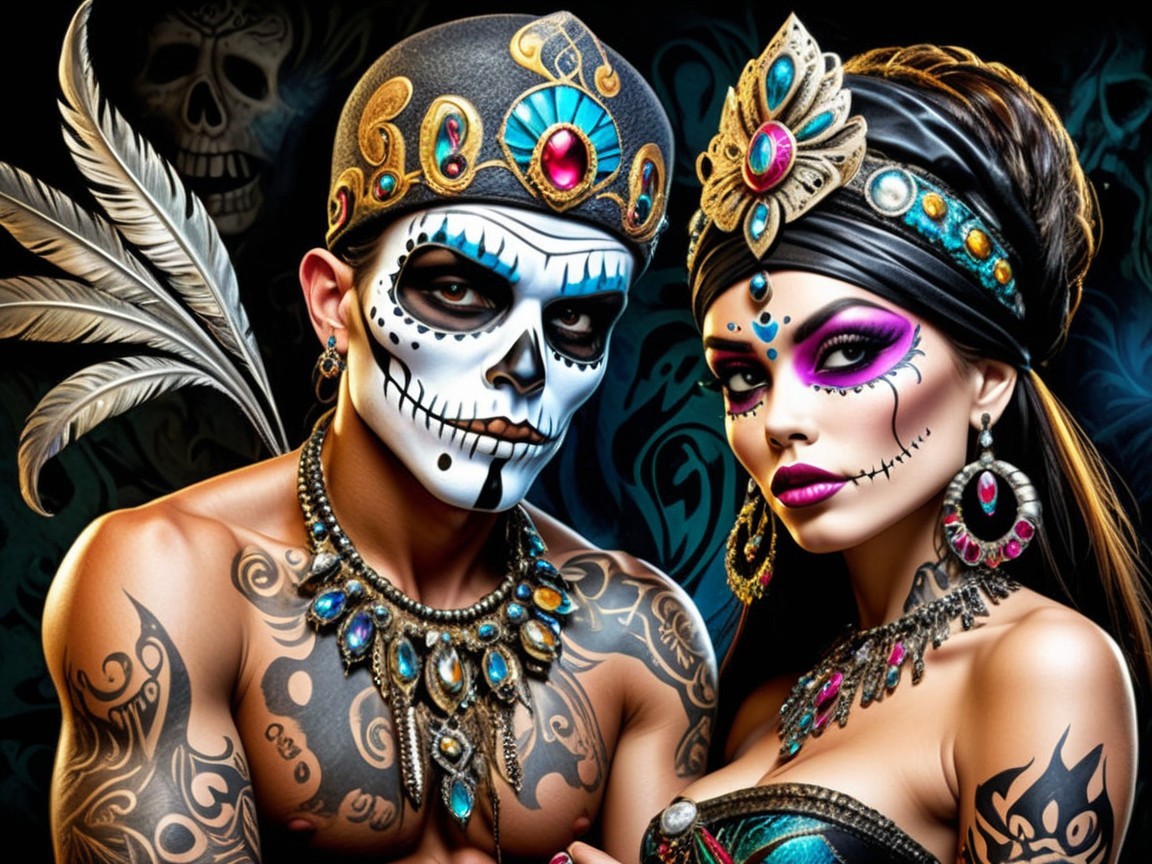 Elaborate Day of the Dead Couple in Vibrant Attire