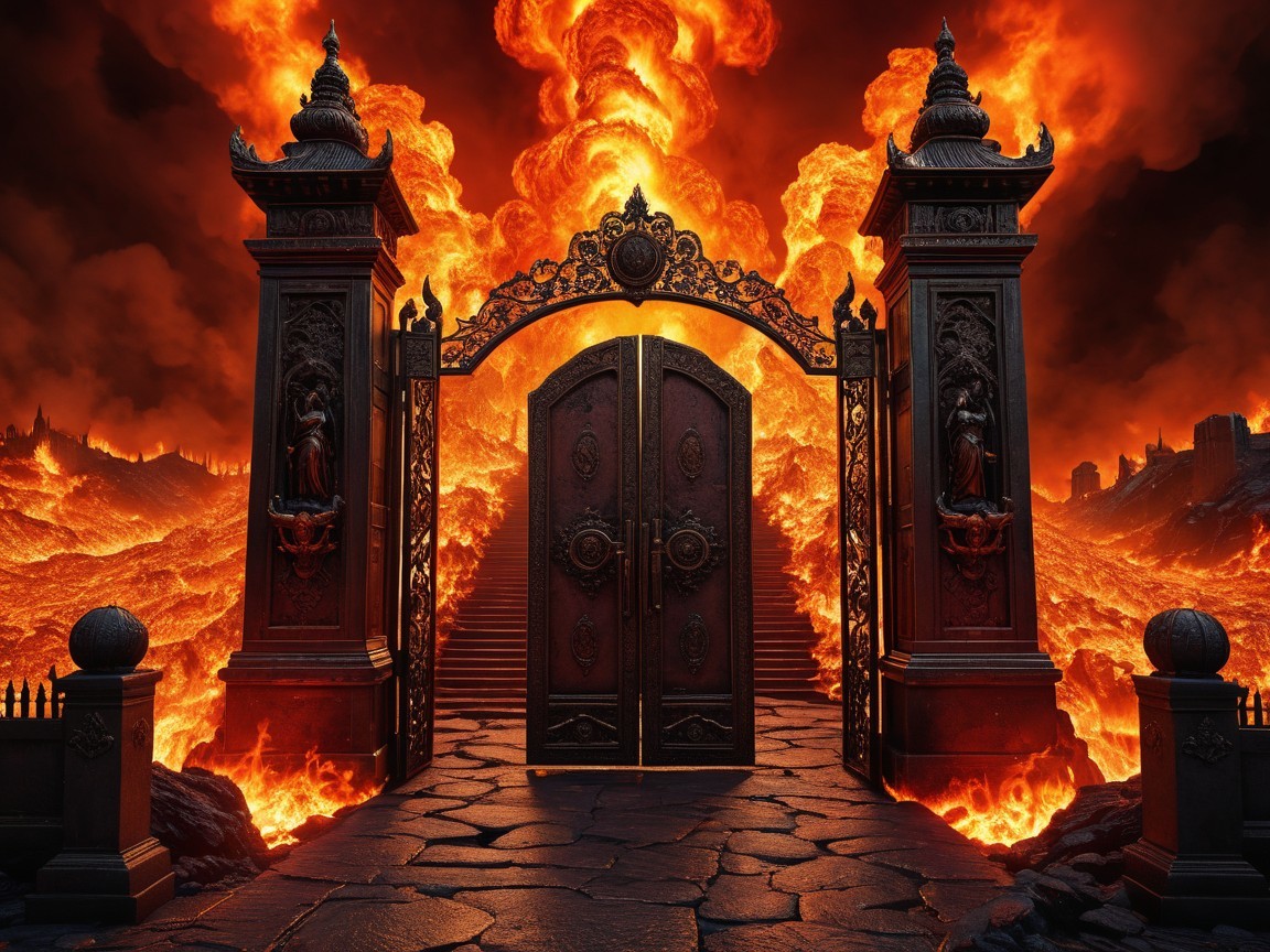 Ornate Gate in Fiery Landscape with Molten Lava