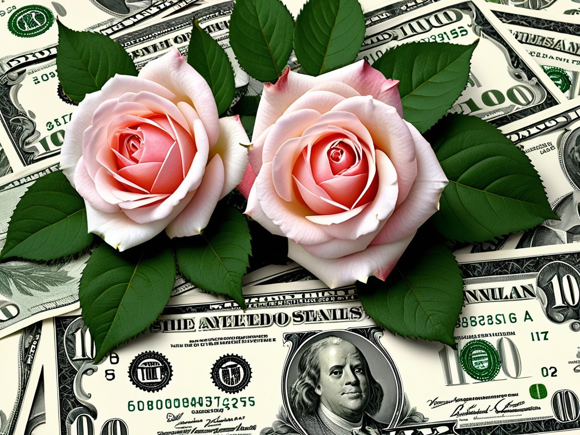 Pink Roses on Hundred-Dollar Bills with Green Leaves