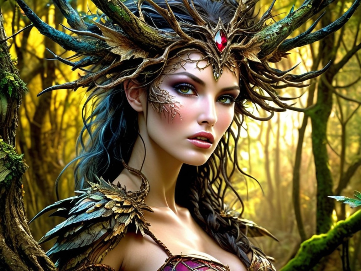 Mystical figure in nature-inspired armor in forest