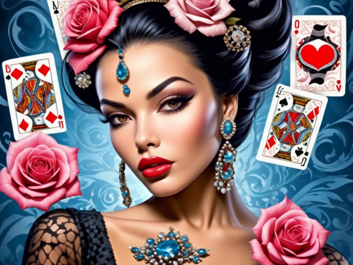 Glamorous Woman with Roses and Playing Cards
