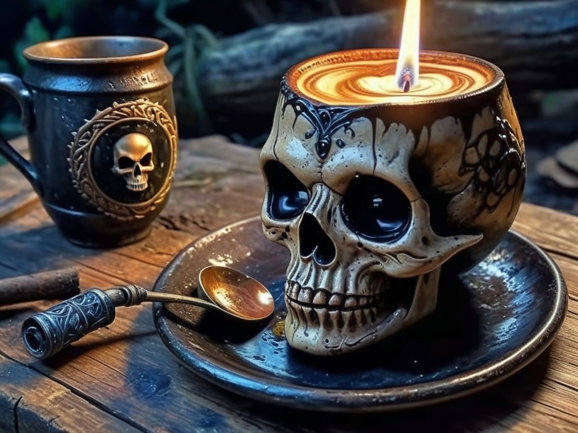 Gothic Candle Holder and Skull Motif Mug Setup
