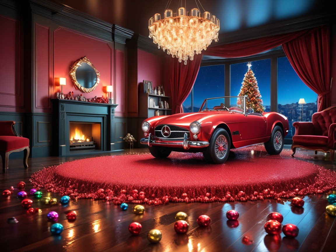 Luxurious Christmas Room with Classic Car Centerpiece