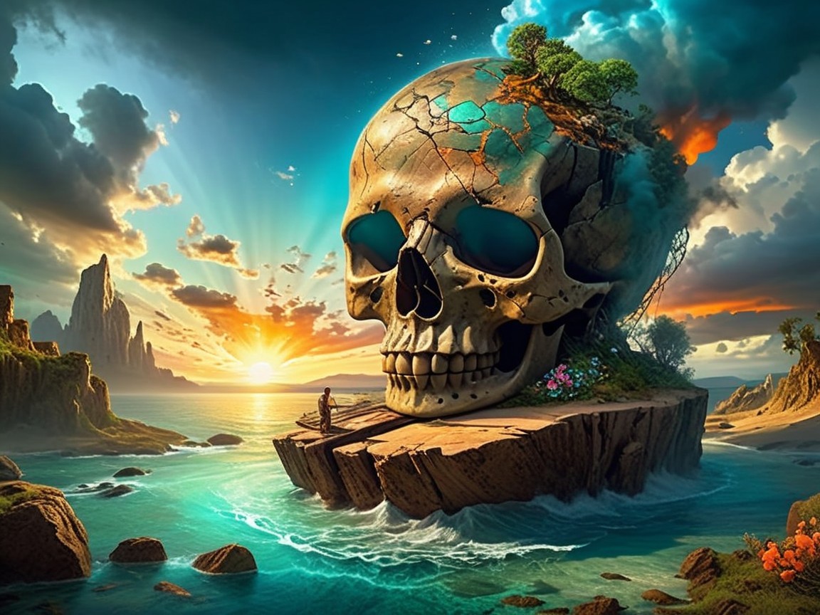 Colossal Skull on Rocky Island with Vibrant Landscape