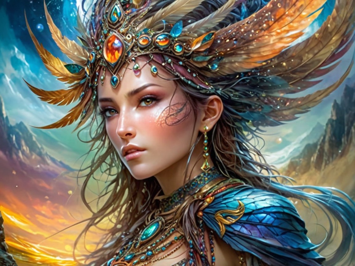 Female figure with feathered headdress in fantasy setting