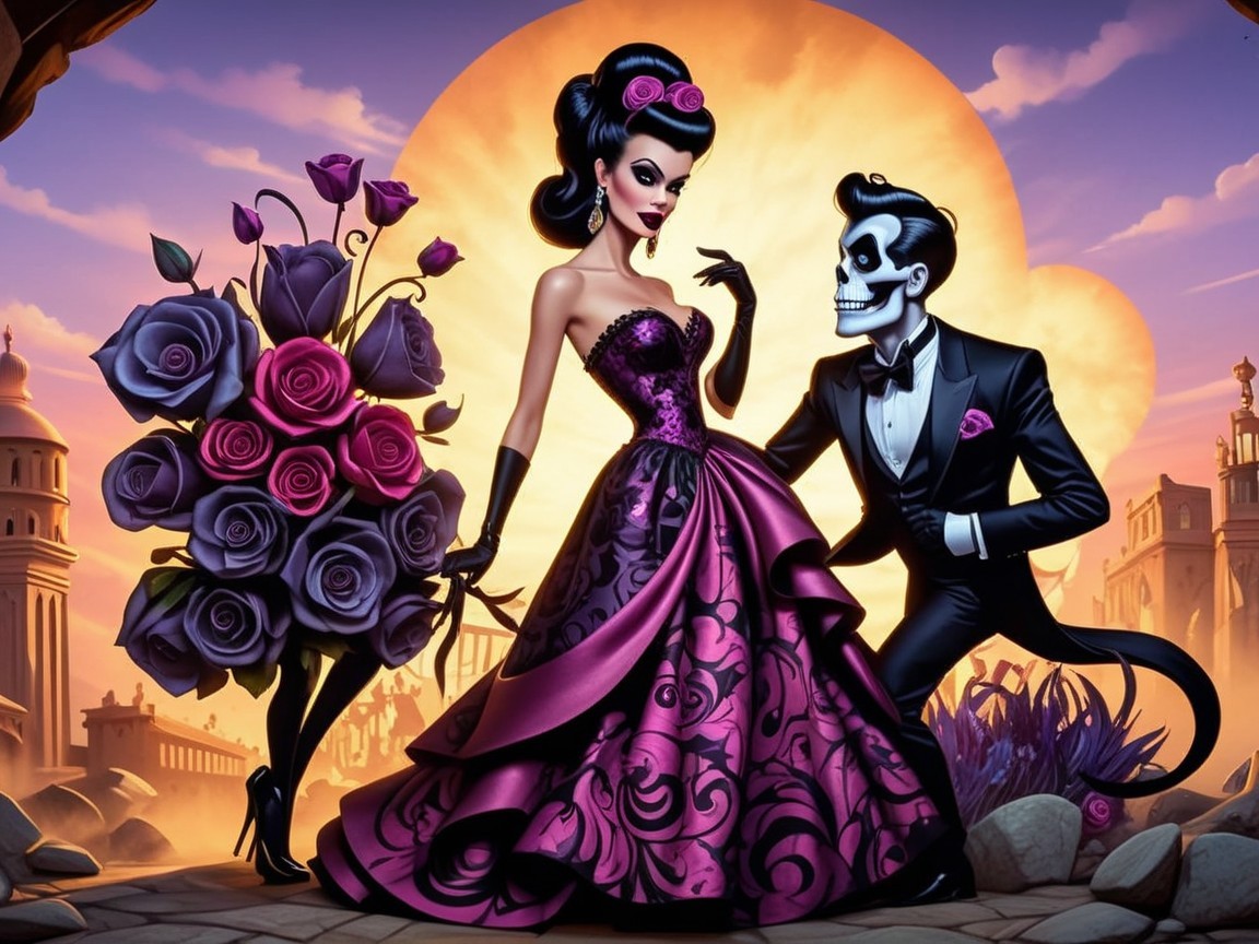 Glamorous Skeleton and Elegant Woman at Sunset