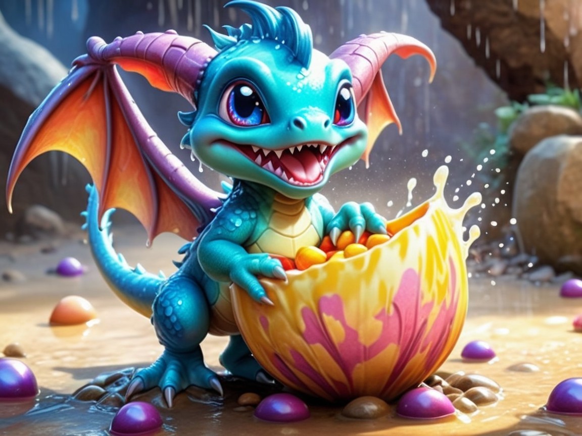 Vibrant Dragon Hatchling in a Magical Pond Scene