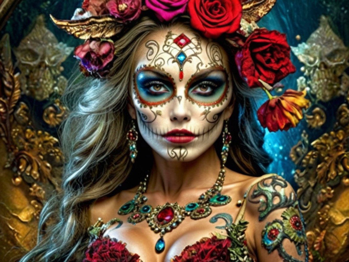 Intricate Sugar Skull Makeup and Elaborate Dress