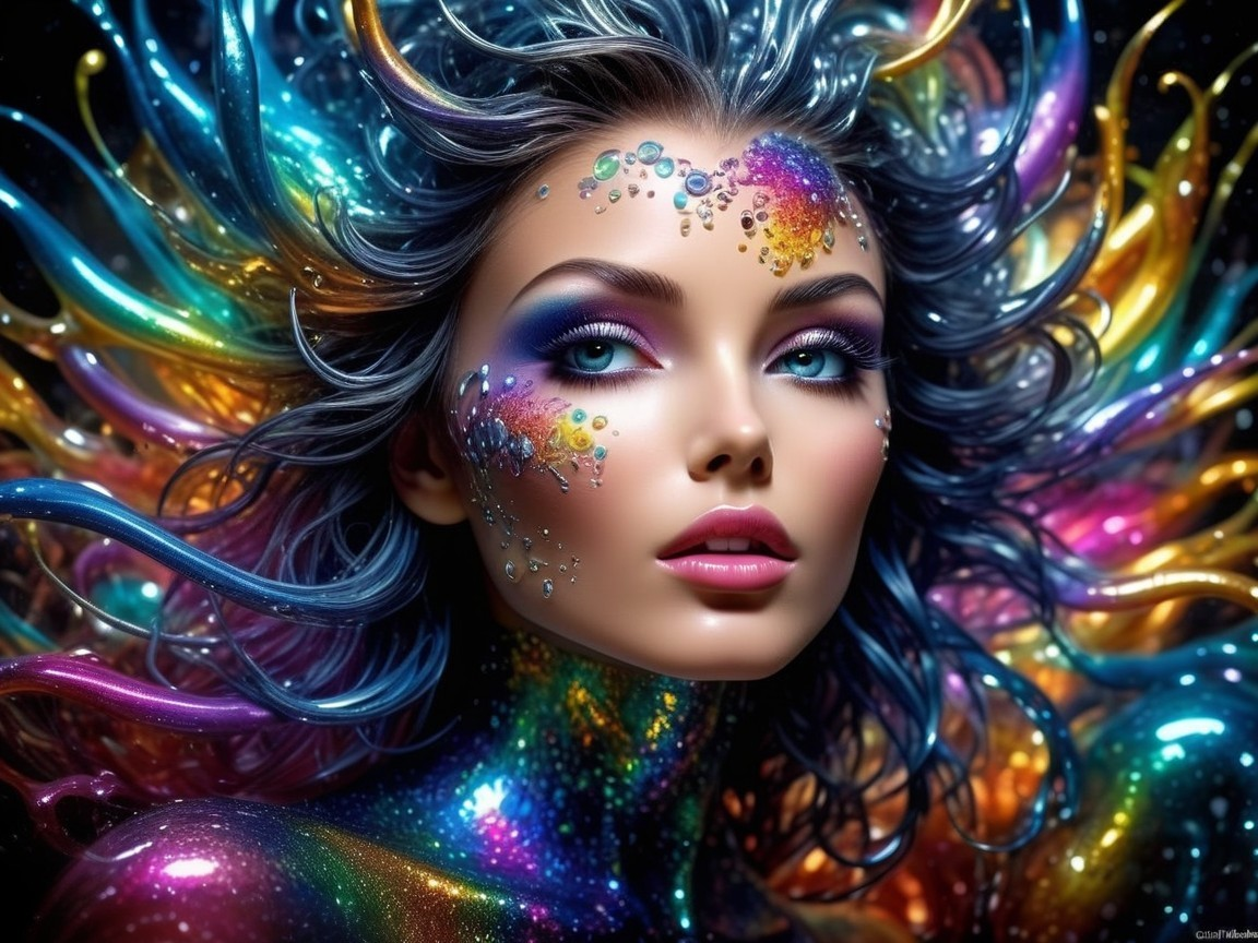 Portrait of a woman with colorful hair and gems