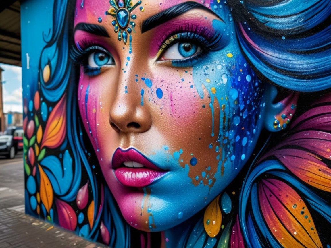 Vibrant Mural of Woman's Face with Intricate Designs