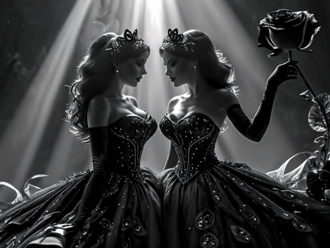 Elegant Black-and-White Scene with Two Figures and Rose