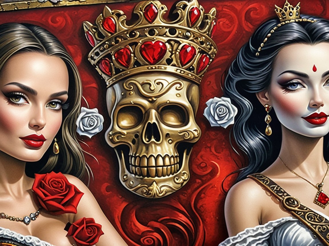 Elegant Women with Makeup, Hairstyles, and Skull Decor