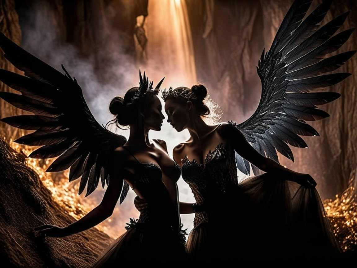 Ethereal Figures with Black Wings in Cave Light