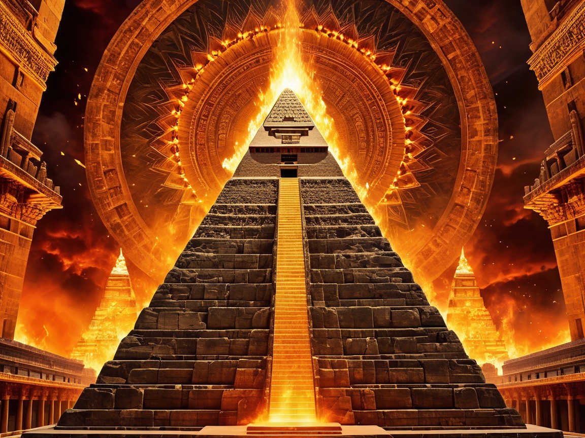 Majestic Pyramid Surrounded by Flames and Structures