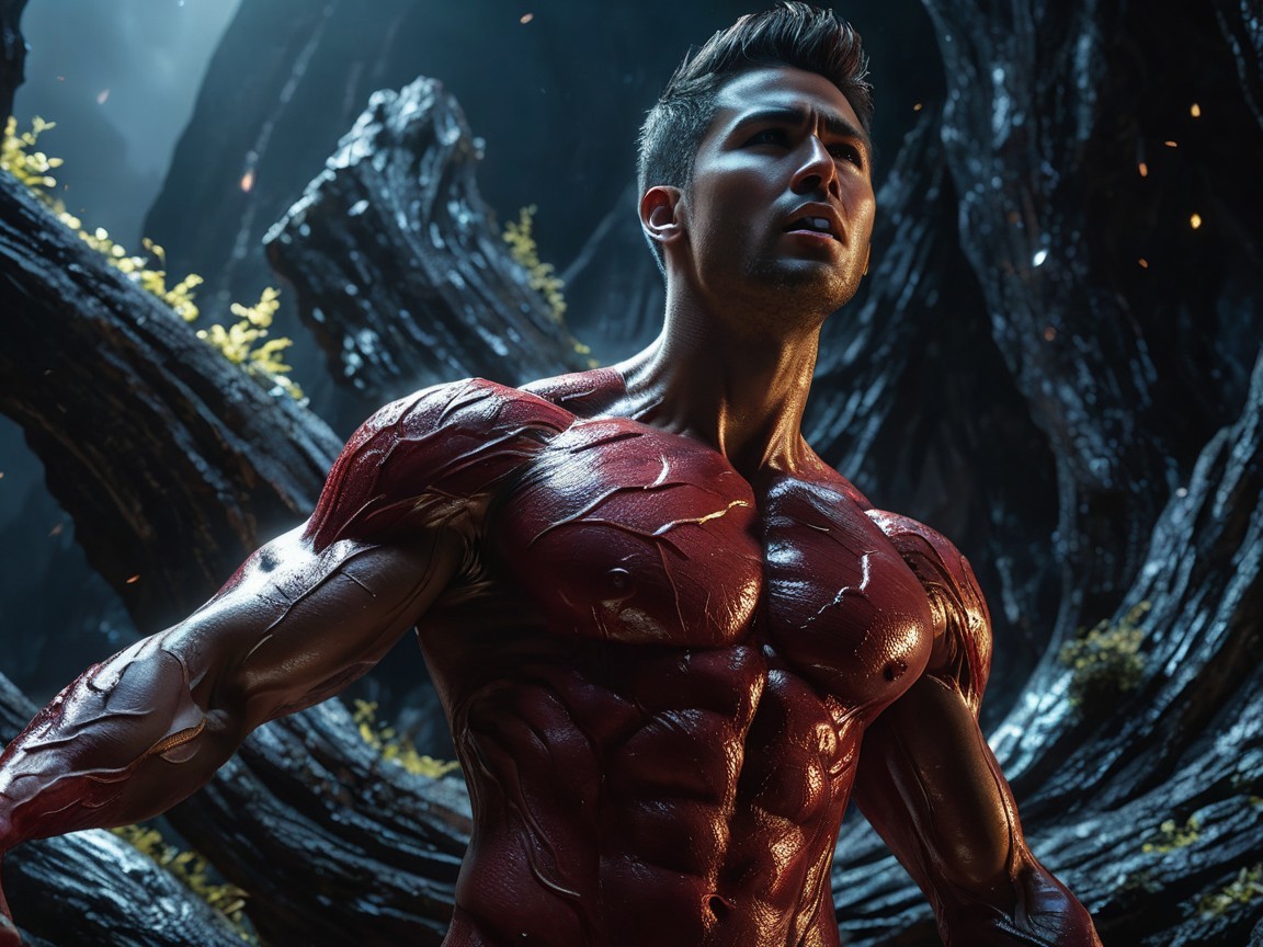 Muscular Figure in Mystical Forest with Red Skin