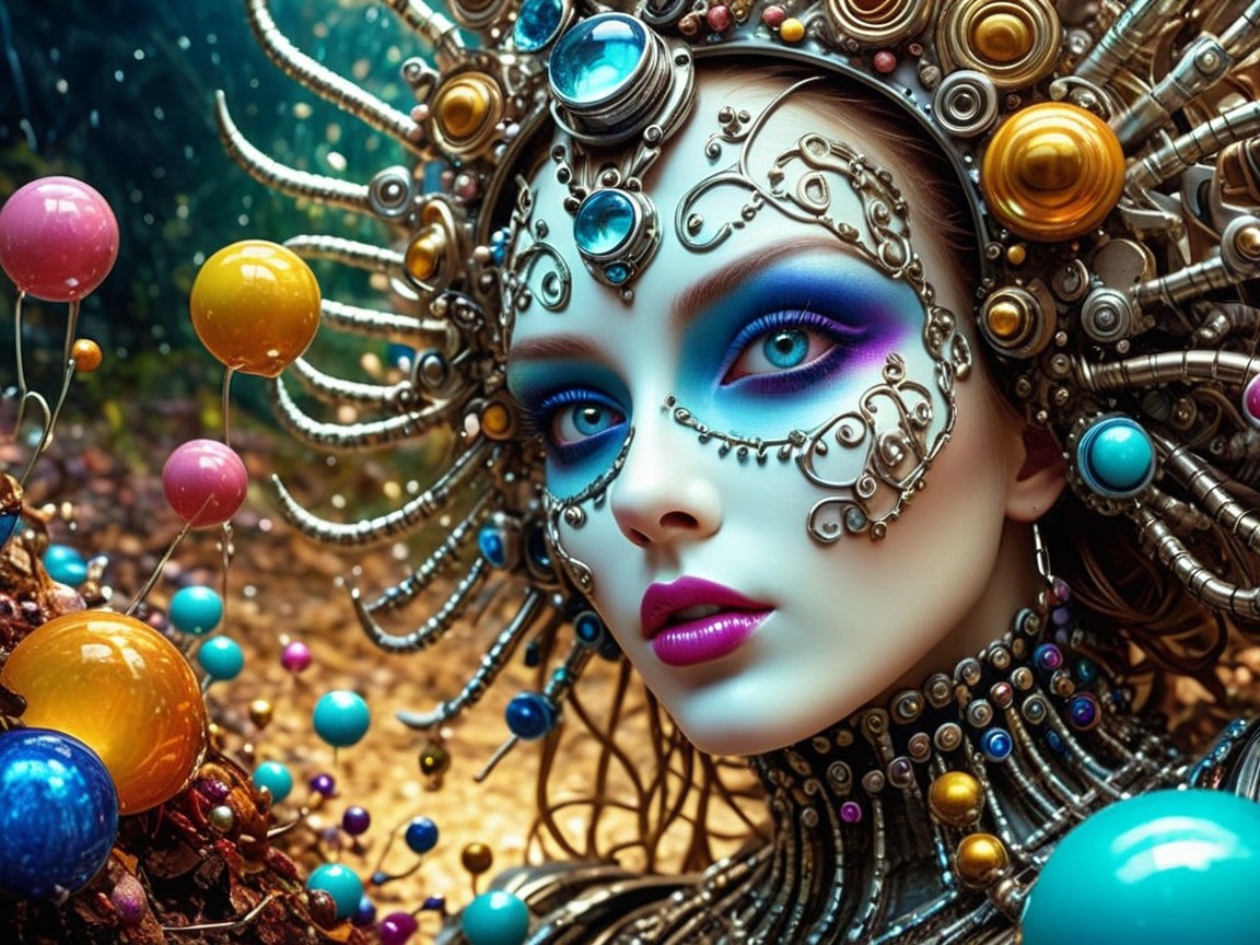 Futuristic figure with metallic embellishments and colors