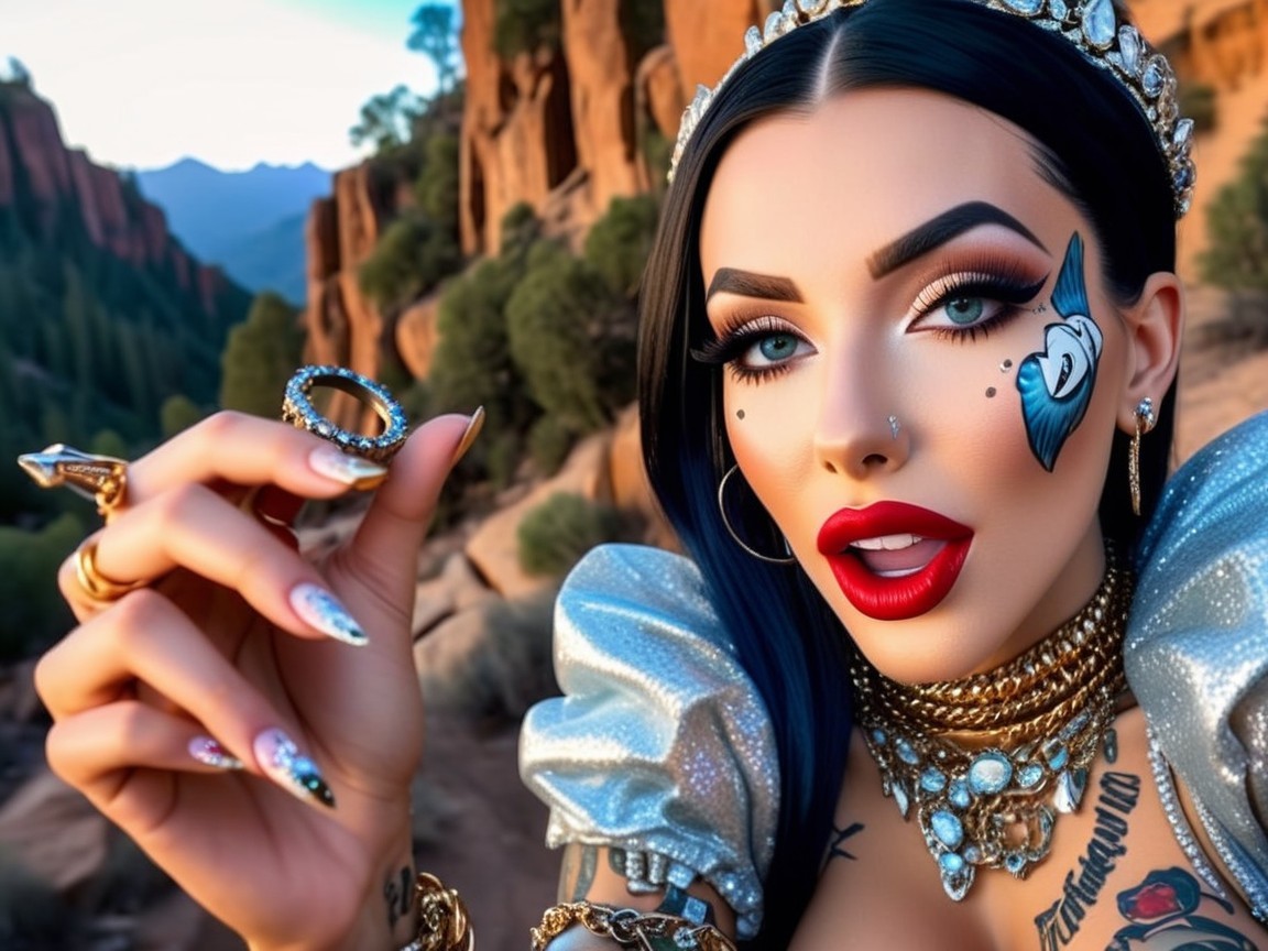 Glamorous Woman with Bold Makeup and Scenic Backdrop