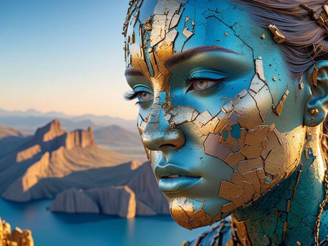 Close-Up of Woman with Cracked Blue and Gold Skin