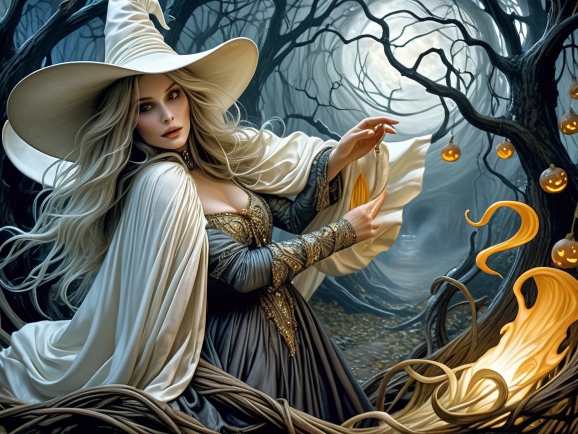 Mystical Witch in Gown Among Dark Trees and Pumpkins