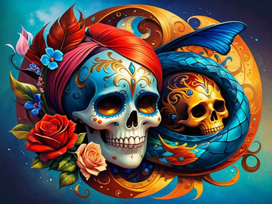 Stylized skulls with intricate patterns and colors