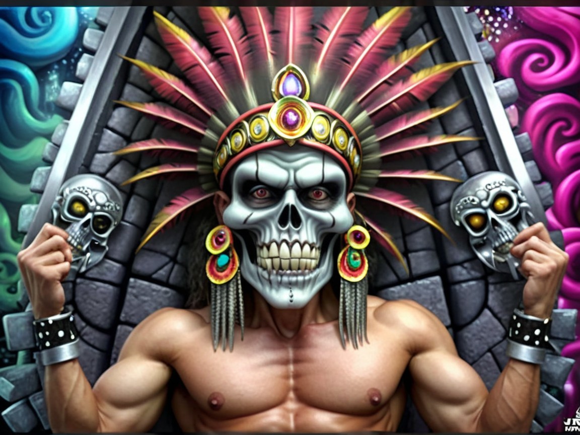 Muscular Figure with Tribal Accessories and Skull Face