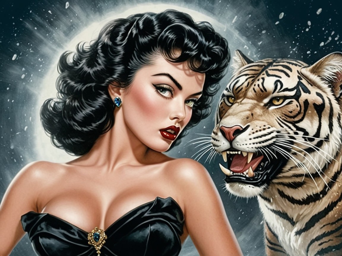 Glamorous Woman with Tiger Under a Glowing Moon