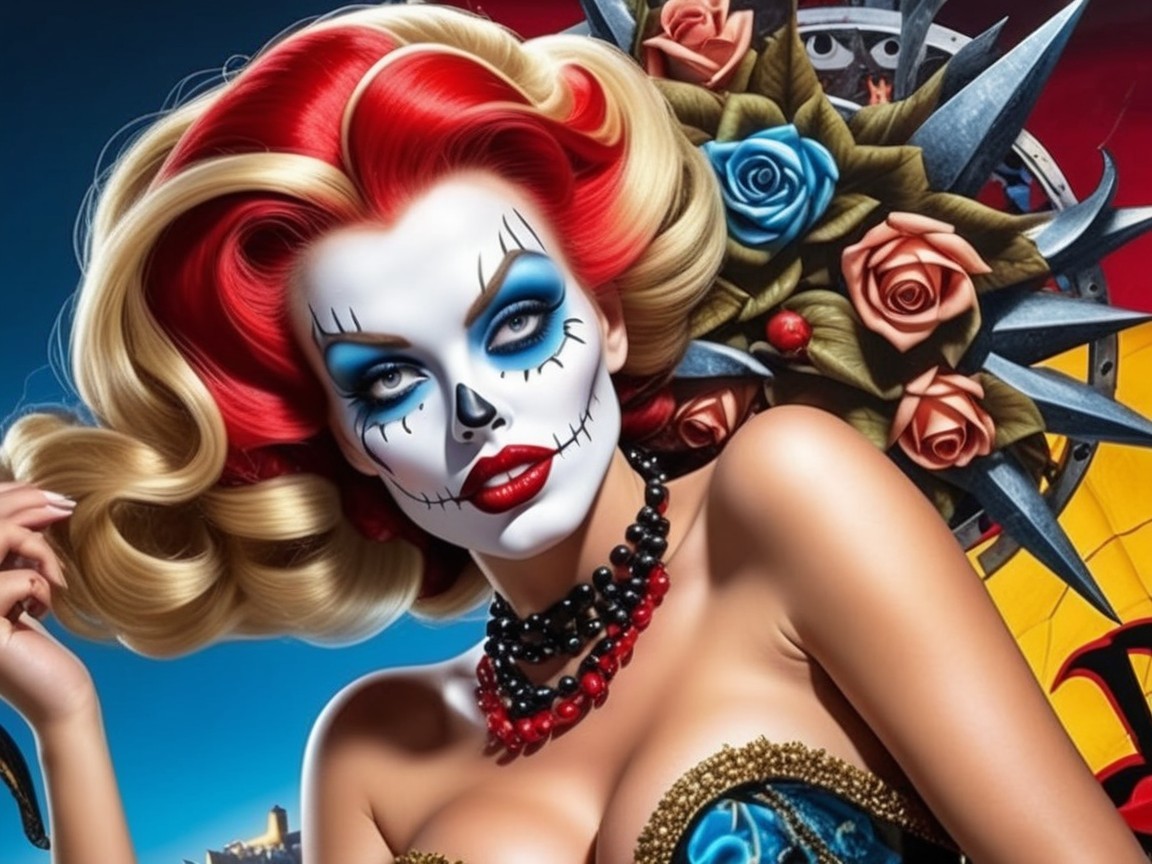 Vibrant Figure with Sugar Skull Makeup and Glamorous Outfit