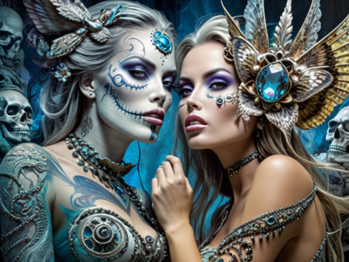 Elaborate Makeup and Costumes on Two Women