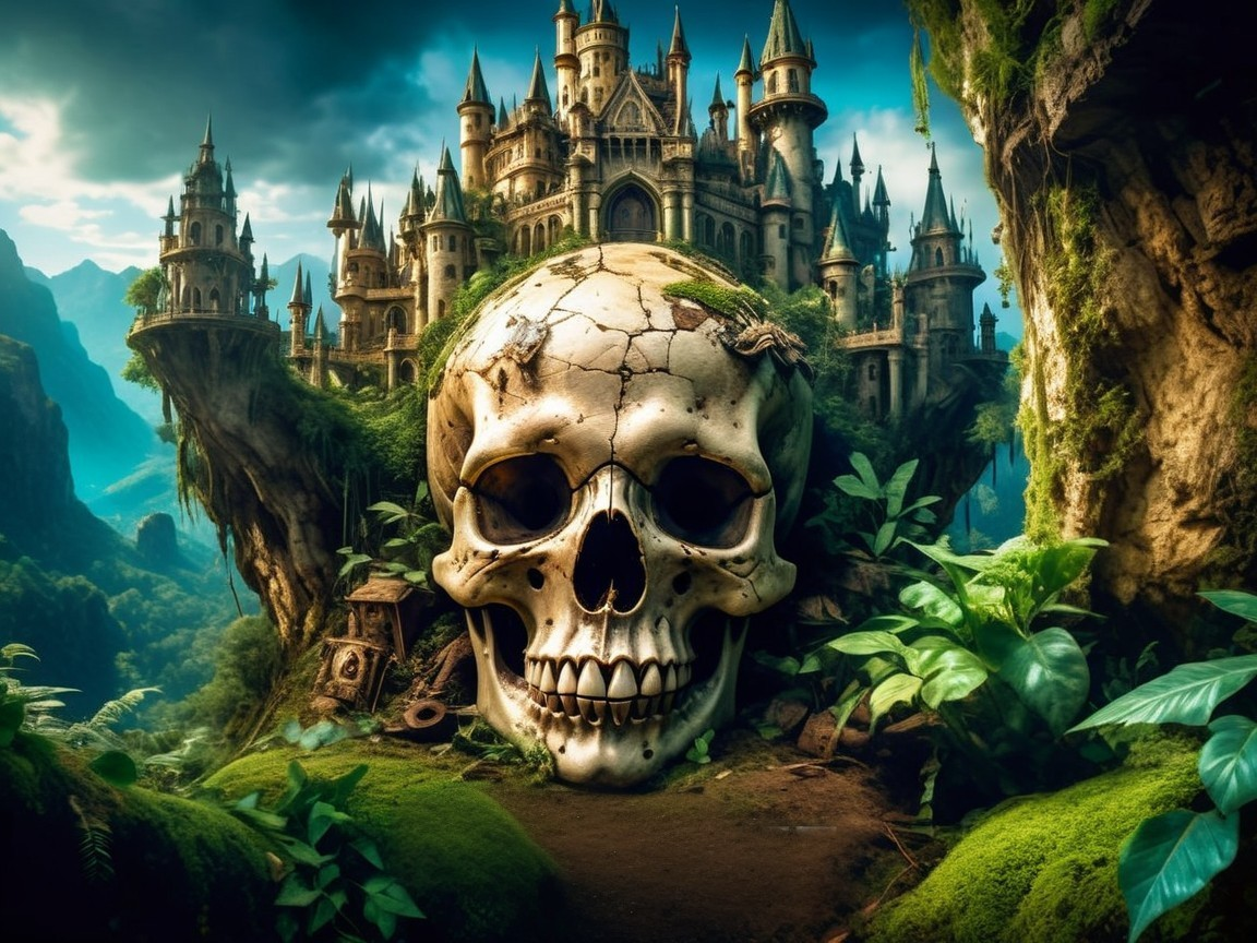 Detailed Skull and Ancient Castle in Mystical Landscape