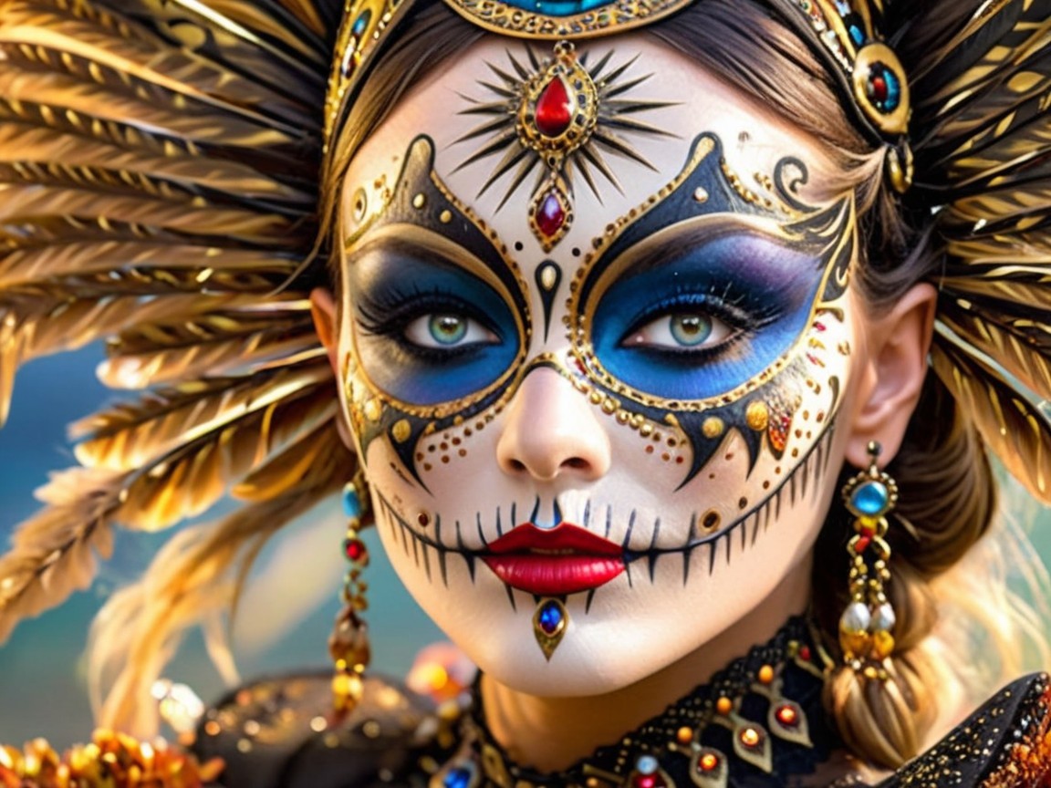 Vibrant Sugar Skull Makeup with Ornate Jewelry and Feathers
