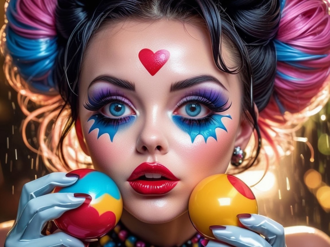 Colorful Clown-Inspired Look with Playful Hair and Makeup