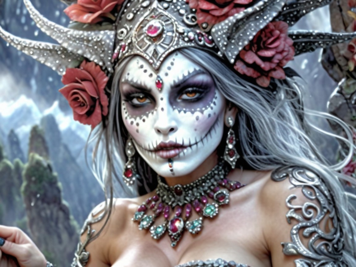 Elaborate Sugar Skull Makeup with Mystical Backdrop