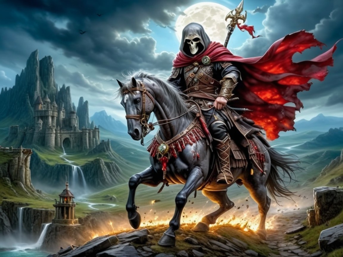 Mysterious Figure on Black Horse in Dramatic Landscape