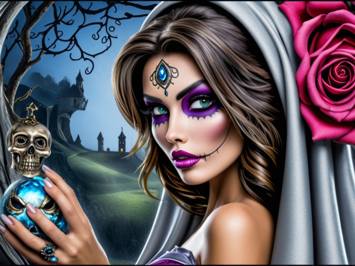Dramatic Makeup and Skull Motif in Haunting Landscape