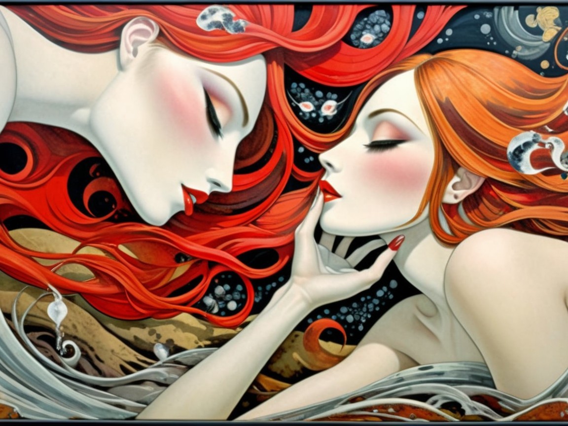 Ethereal Figures with Red Hair and Abstract Elements